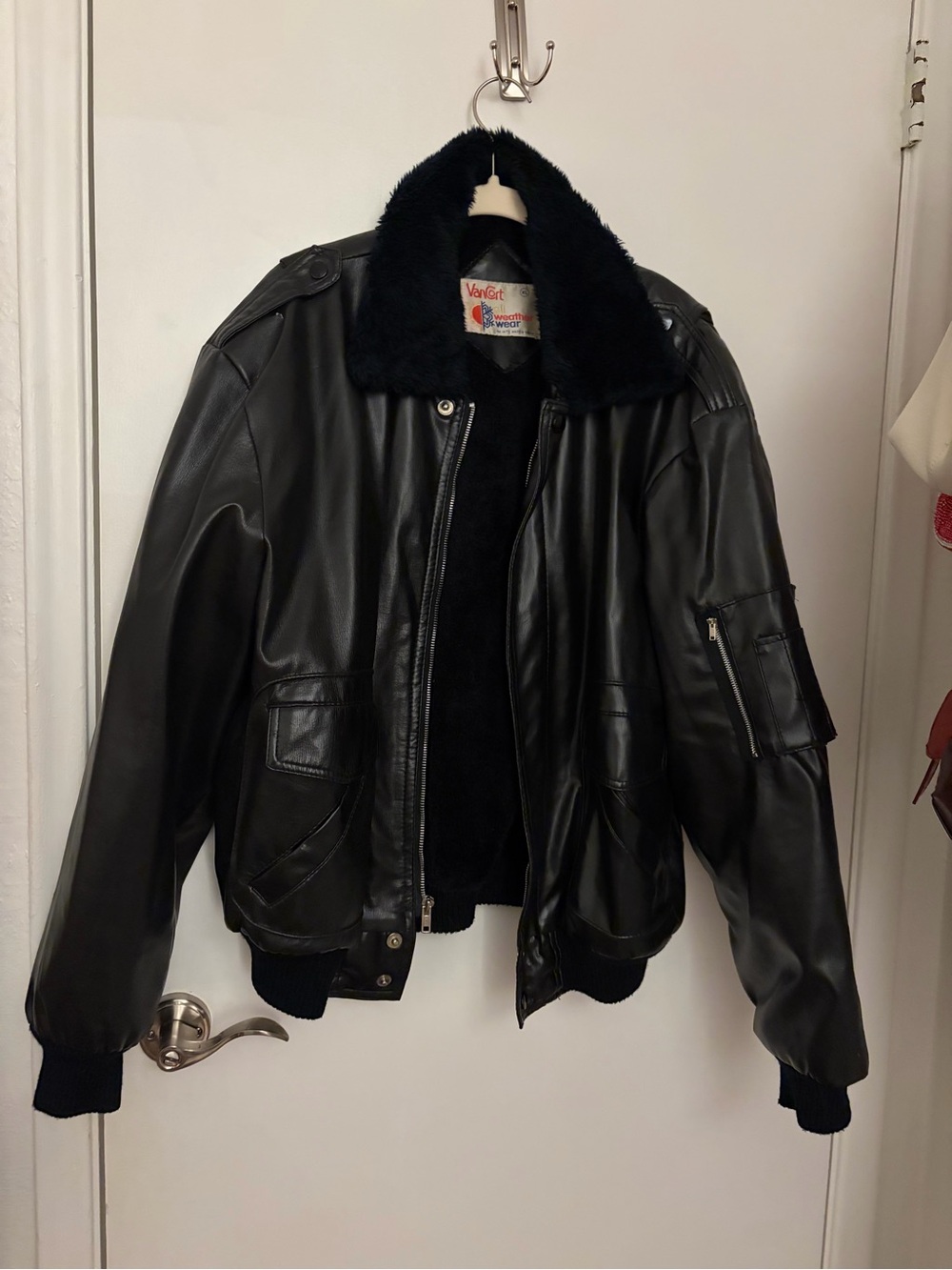 Vintage Varsity Black Faux Leather Bomber Jacket with Shearling Collar